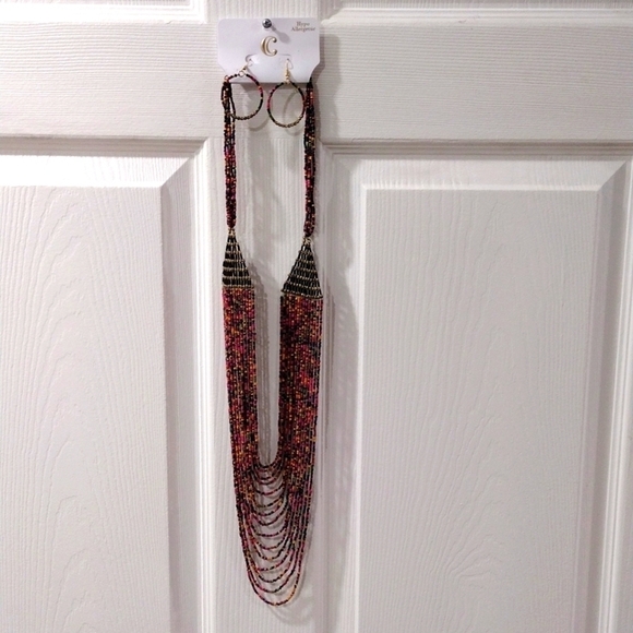 42" Gold tone Layered Colorful Beaded Statement Long Neckace & Matching Earrings - Picture 1 of 15